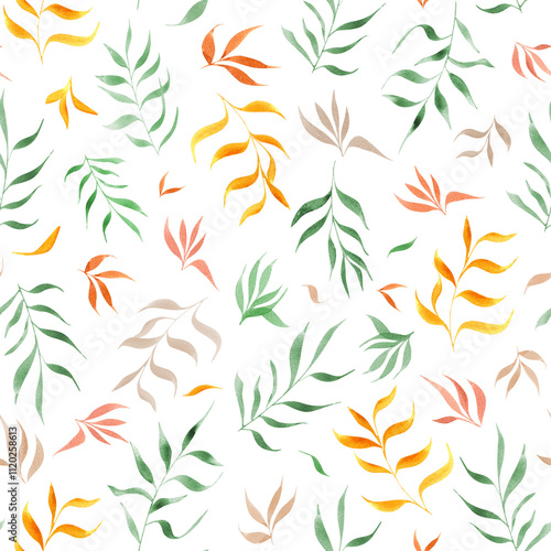 watercolor abstract simple flying leaf branches seamless pattern. Green, orange, pink leaves ornate. Colorful floral illustration for kitchen textile, package decor, graphic design