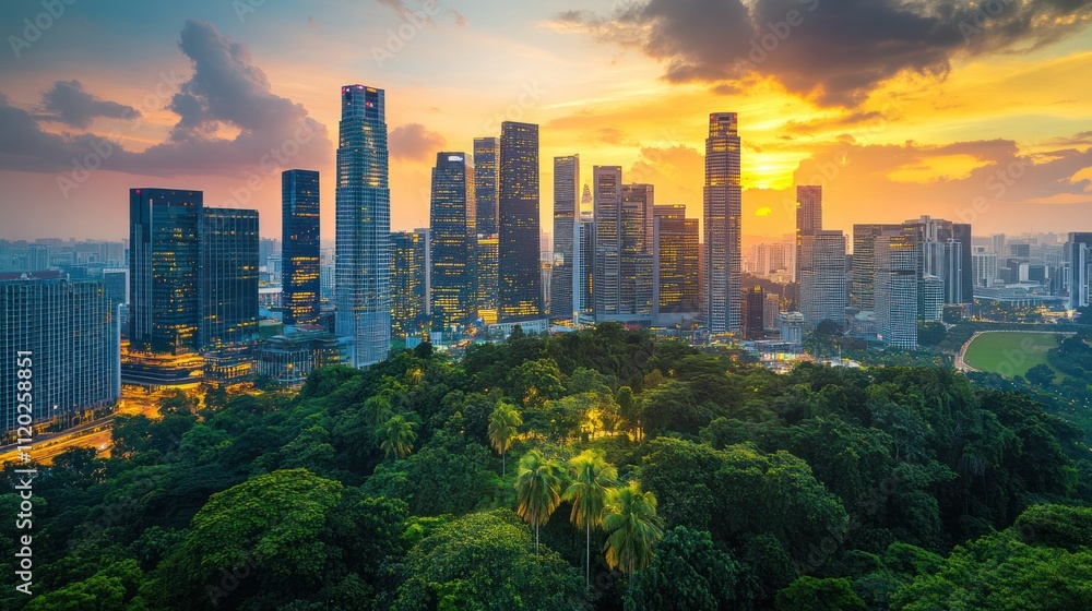 Obraz premium Modern City Skyline at Sunset Overlooking Lush Greenery