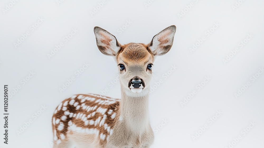 Fototapeta premium A charming fawn with distinctive spots gazes curiously, showcasing its delicate features against a soft, muted background.