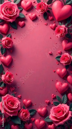 An illustration with a space for text against a background of hearts, roses, or other Valentine’s Day symbols, creating a romantic vibe,card, poster, wallpaper,valentine's day, love