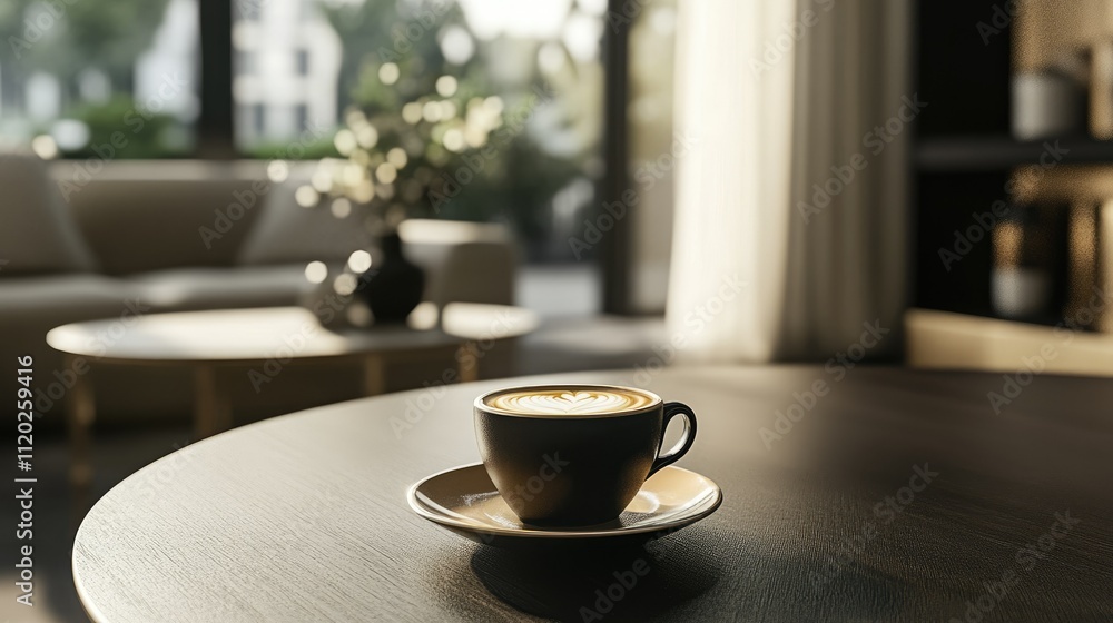 A cozy coffee cup on a table in a modern, inviting living space. A cozy coffee cup on a table in a modern, inviting living space.