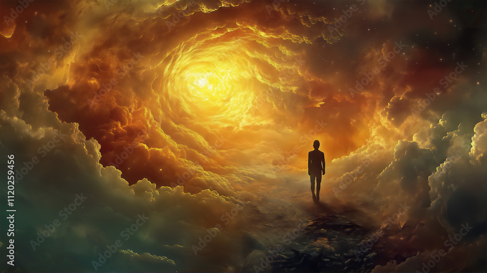 Life after death concept. Silhouette of man's soul is walking to bright light - rays of god inside tunnel.
Life after death concept. Silhouette of man's soul is walking to bright light - rays of god inside tunnel.