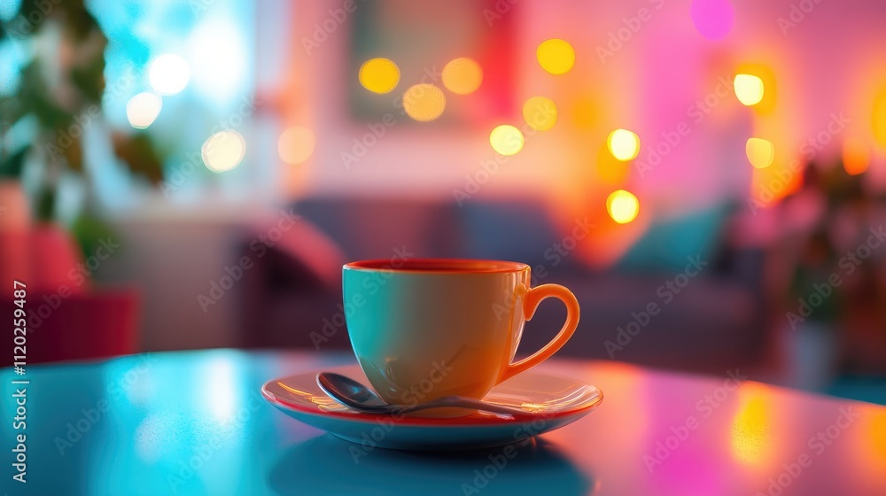 Fototapeta premium A cozy cup of coffee on a table with a blurred, colorful background.