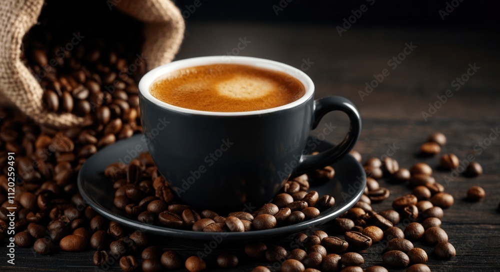 Aromatic espresso in black cup with scattered coffee beans Aromatic espresso in black cup with scattered coffee beans