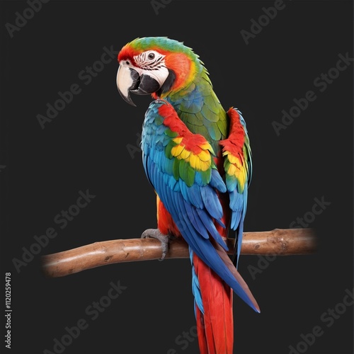 Colorful macaw parrot with vibrant feathers isolated on white background, ideal for tropical and exotic design projects photo