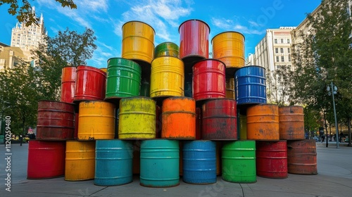 Brightly colored oil barrels arranged into a creative sculpture in a public square. photo