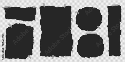 Set of torn black note paper pieces with sticky tape are on transparent background for text, notes or ad.