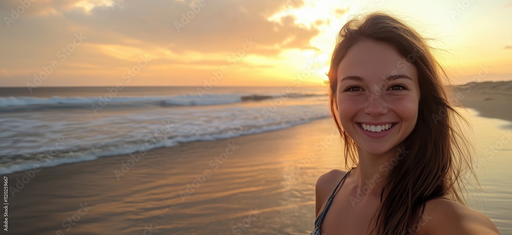 Smiling woman at beach during sunset, golden hour glow, waves in background, serene atmosphere, copy space for text Smiling woman at beach during sunset, golden hour glow, waves in background, serene atmosphere, copy space for text