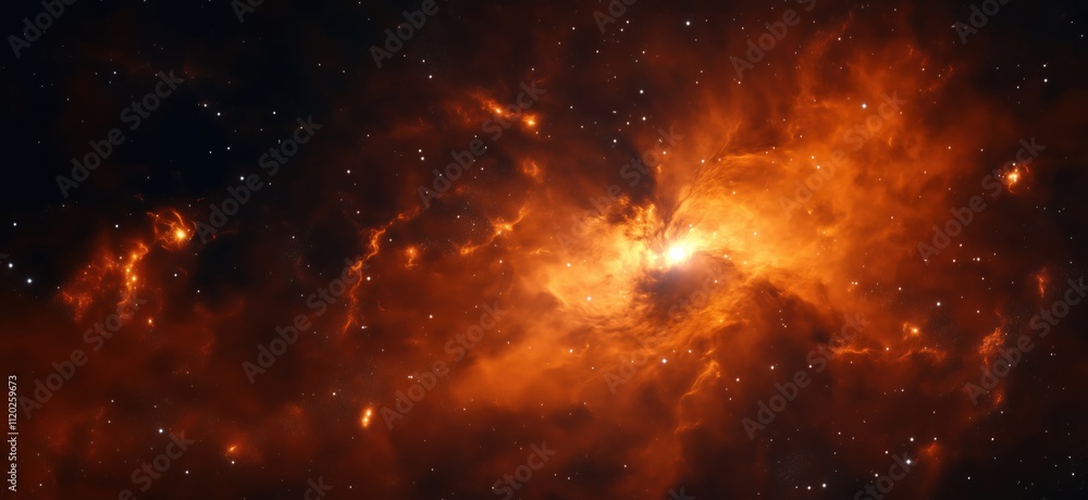 Naklejka premium Cosmic nebula with fiery orange hues, swirling gas and stars, deep space exploration, celestial beauty, copy space for text