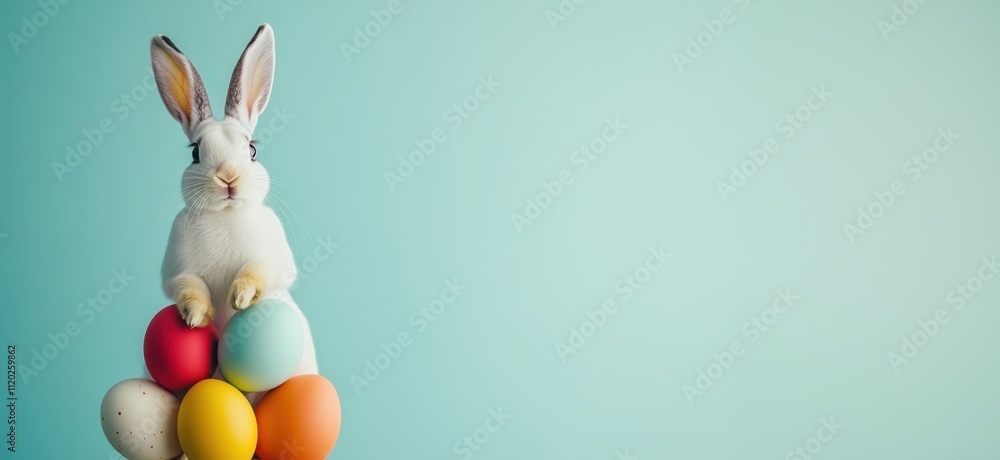 Obraz premium Rabbit with Easter eggs, colorful eggs stacked, cute bunny, pastel background, festive decoration, spring theme, copy space for text