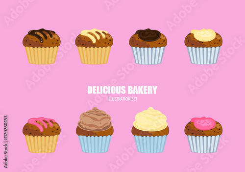 Baking illustration set. Baking, bakery, cooking, sweet products, dessert, pastries concept. Vector illustrations are isolated on a white background for posters, banners, cards, and advertisements.