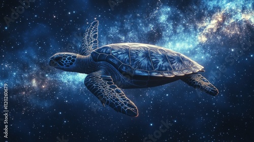 Sea turtle swimming in a vibrant nebula. photo