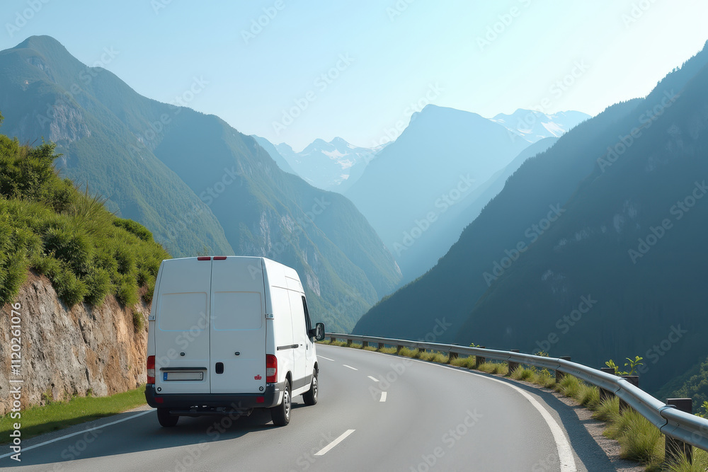 Obraz premium Scenic Road Journey with Delivery Van Through Majestic Mountain Landscape on a Sunny Day with Clear Blue Sky and Lush Greenery