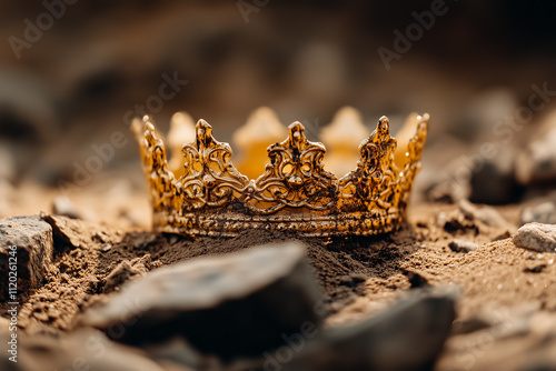 Close view of a cracked golden crown situated on rough stones, showcasing its intricate details and worn texture photo