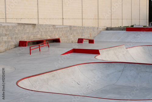 New Concrete Skate Park with red accents. Skatepark obstacles and bowl in construction. Expansive Skatepark View