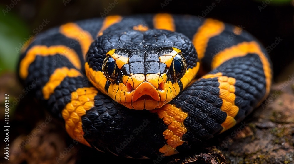 This remarkable Boiga dendrophila showcases its vivid yellow rings and intricate patterns while coiled comfortably on a branch, surrounded by rich greenery in a vibrant ecosystem This remarkable Boiga dendrophila showcases its vivid yellow rings and intricate patterns while coiled comfortably on a branch, surrounded by rich greenery in a vibrant ecosystem