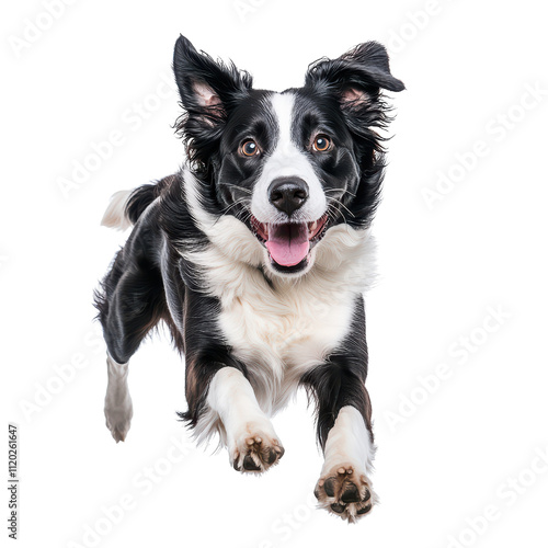 Energetic black and white border collie dog jumping with joy and excitement isolated on transparent background