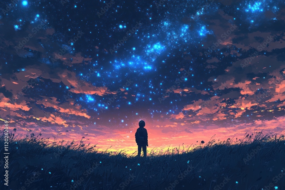 A lone figure gazes at a vibrant starry night sky A lone figure gazes at a vibrant starry night sky