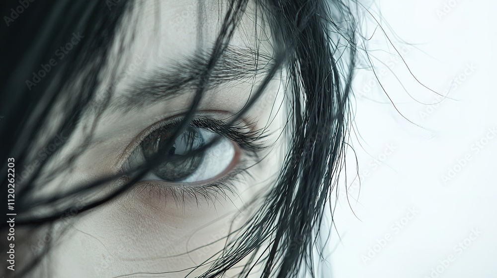 Fototapeta premium A close-up of an expressive eye surrounded by dark hair, conveying a sense of introspection and emotion against a soft, muted background.