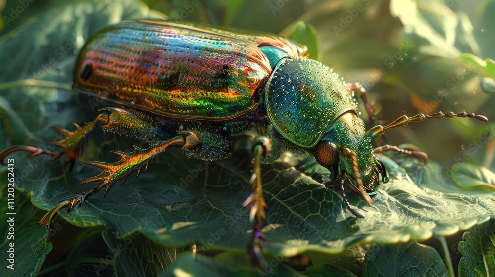 Iridescent beetle on green leaf in sunlight. Iridescent beetle on green leaf in sunlight.