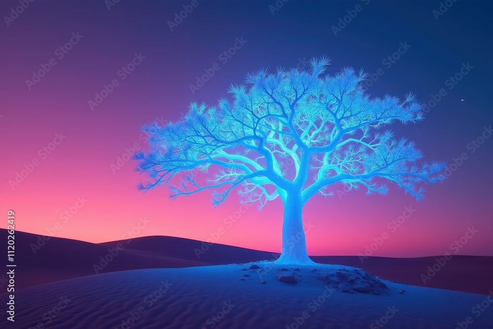 A Majestic Tree Standing Alone in a Desert Landscape at Dusk, Illuminated by Soft Blue Light Against a Colorful Sunset Sky A Majestic Tree Standing Alone in a Desert Landscape at Dusk, Illuminated by Soft Blue Light Against a Colorful Sunset Sky