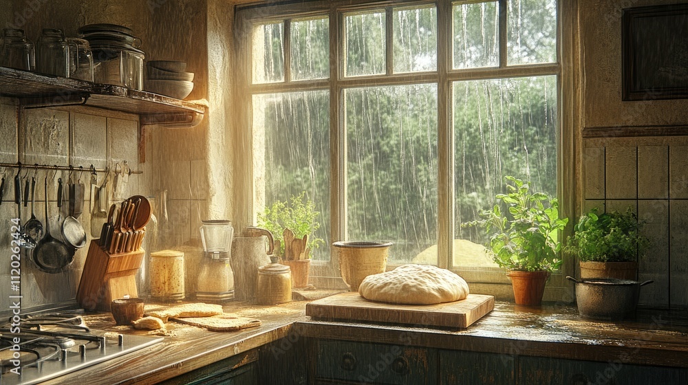 A cozy kitchen scene with bread dough and plants, illuminated by rain-soaked sunlight. A cozy kitchen scene with bread dough and plants, illuminated by rain-soaked sunlight.