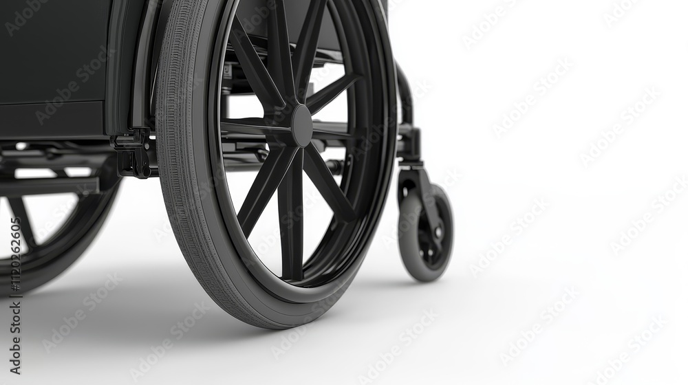 Fototapeta premium A wheel of a wheelchair is shown in black and white