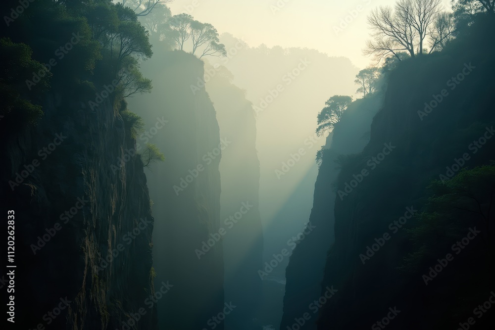 Misty Serenity of a Beautiful Canyon Surrounded by Lush Forests and Soft Sunlight Filtering Through Foggy Valleys at Dawn Misty Serenity of a Beautiful Canyon Surrounded by Lush Forests and Soft Sunlight Filtering Through Foggy Valleys at Dawn