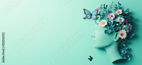 Floral head silhouette with butterflies, vibrant colors, artistic design, nature elements, green background, copy space for text photo