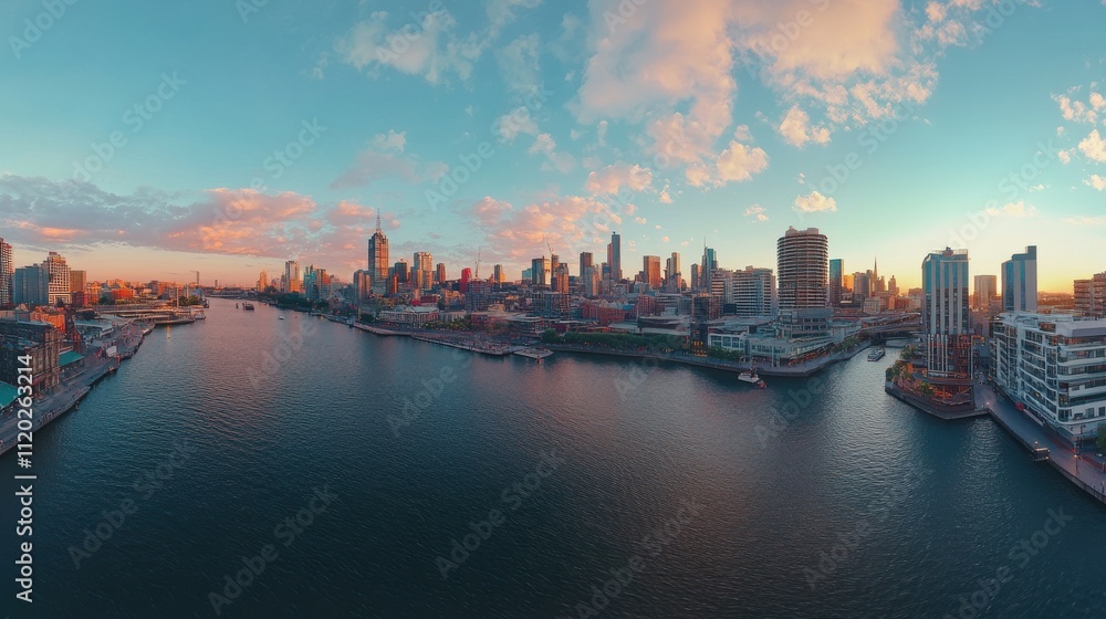 Fototapeta premium Stunning panoramic view of a vibrant city skyline during sunset, showcasing modern buildings, tranquil water, and colorful clouds reflecting in the serene atmosphere.