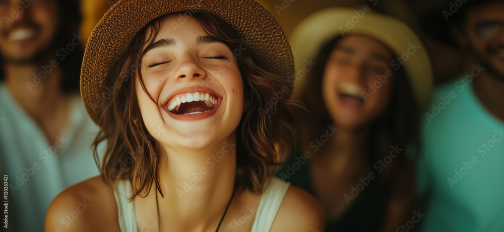 Joyful woman laughing with friends, bright atmosphere, summer vibes, casual attire, hats, happiness, camaraderie, copy space for text Joyful woman laughing with friends, bright atmosphere, summer vibes, casual attire, hats, happiness, camaraderie, copy space for text