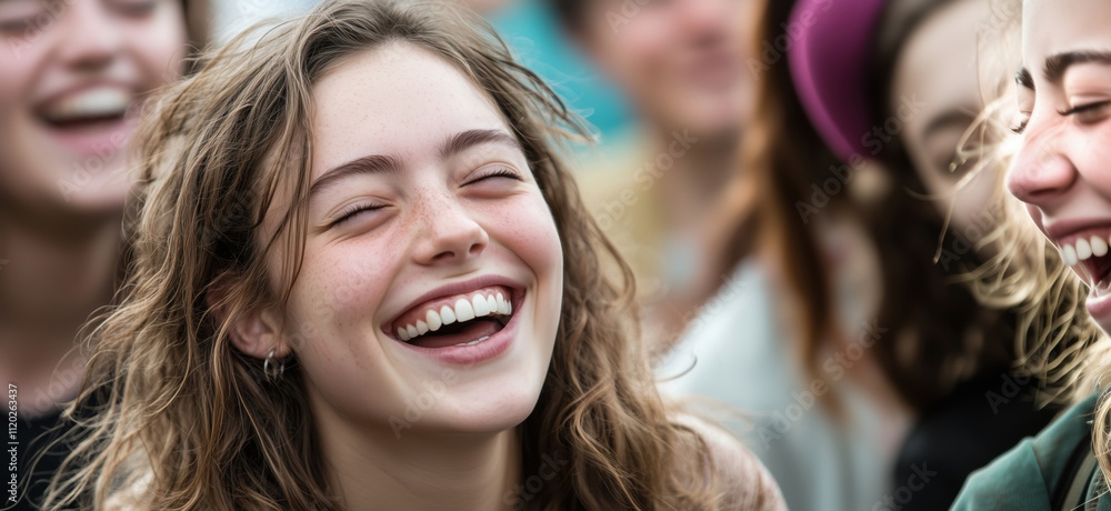 Joyful laughter among friends, group of young women sharing happiness, bright smiles, natural expressions, candid moment, outdoor setting, copy space for text Joyful laughter among friends, group of young women sharing happiness, bright smiles, natural expressions, candid moment, outdoor setting, copy space for text