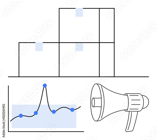 Stacked boxes chart with data points and megaphone. Ideal for logistics, analytics, marketing, business, growth strategies, communication, success. Line metaphor photo