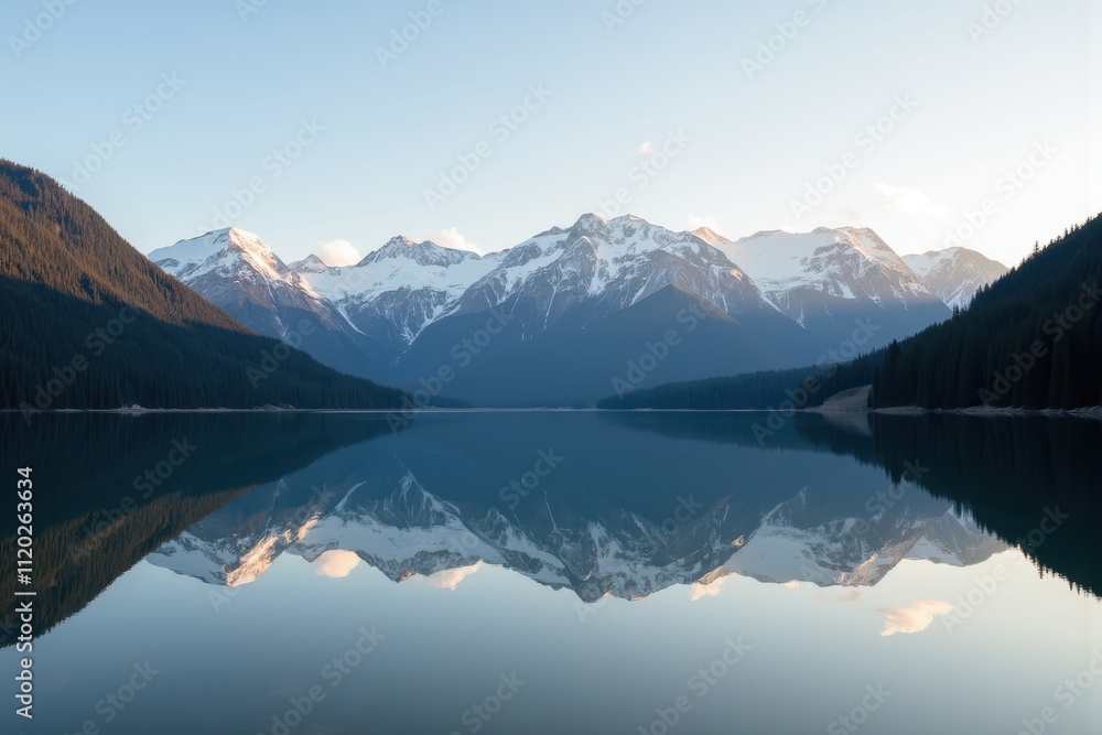 Serene Lake Reflection Surrounded by Majestic Mountains Under Clear Sky at Sunrise Serene Lake Reflection Surrounded by Majestic Mountains Under Clear Sky at Sunrise