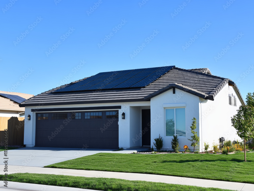 Modern House with Solar Panels, Sustainable Energy , Eco Friendly Home Modern House with Solar Panels, Sustainable Energy , Eco Friendly Home