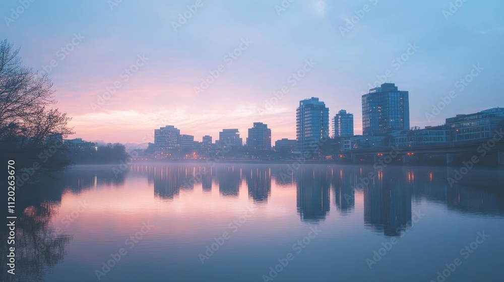 Obraz premium Pink and blue cityscape at sunrise reflected over calm water