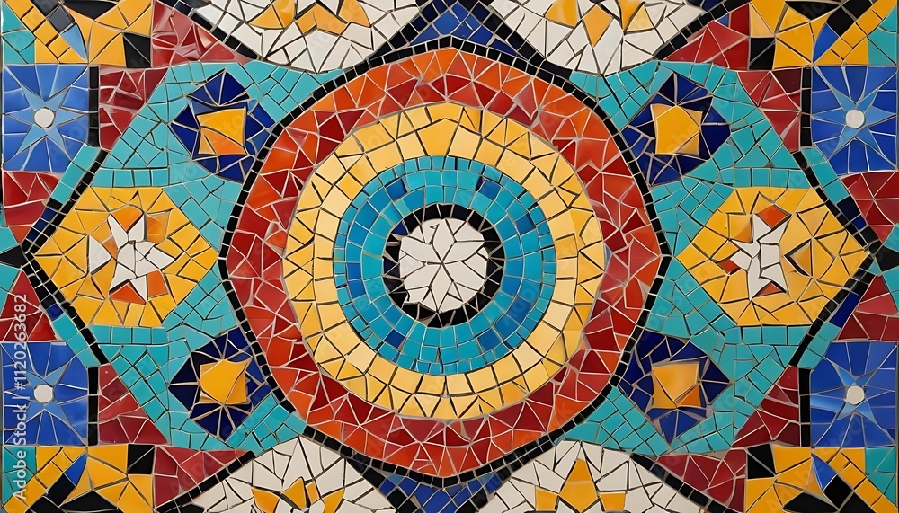 Fototapeta premium A vibrant arrangement of mosaic tiles featuring a kaleidoscope of colors and geometric shapes.