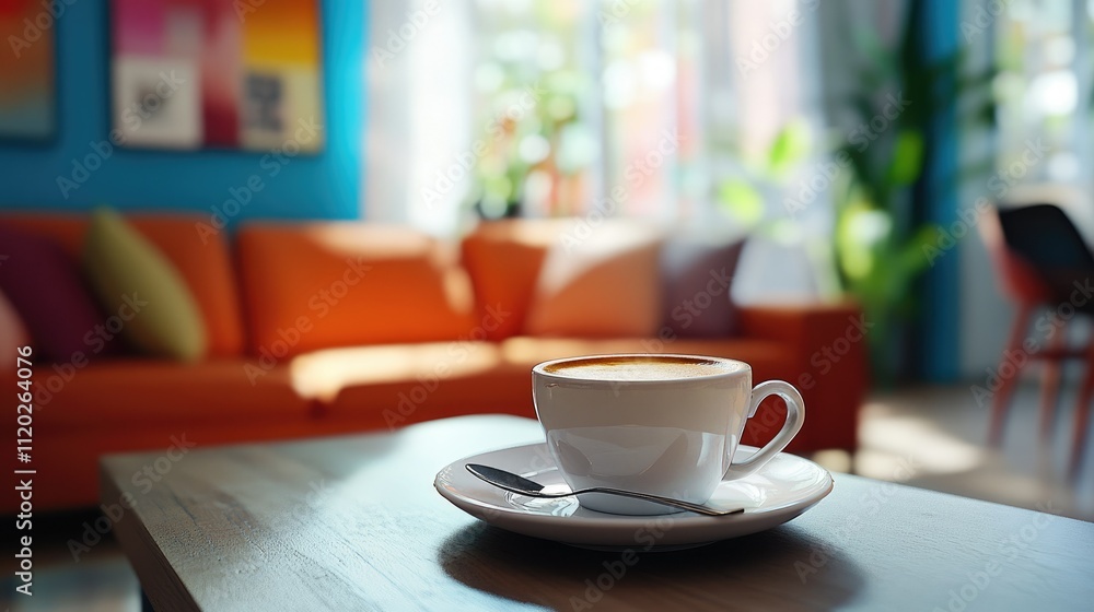 A cozy living space featuring a cup of coffee on a table, with a colorful couch in the background. A cozy living space featuring a cup of coffee on a table, with a colorful couch in the background.