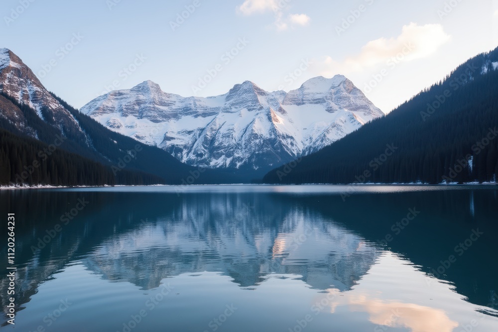 Tranquil Lake Scene: Majestic Mountains Reflected in Calm Waters Under Soft Morning Light in a Stunning Natural Landscape Tranquil Lake Scene: Majestic Mountains Reflected in Calm Waters Under Soft Morning Light in a Stunning Natural Landscape