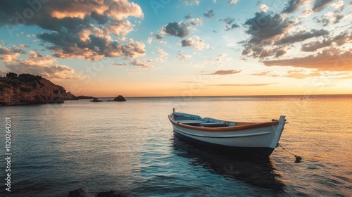 Tranquil boat floating on calm water during sunset with dramatic sky