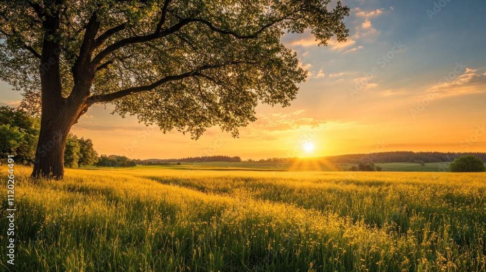 Obraz premium Scenic meadow with tree and warm sunset light in summer landscape