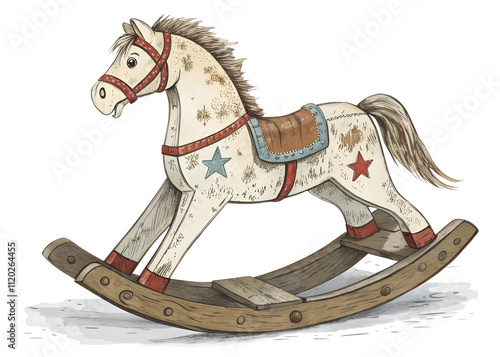 vintage rocking horse with peeling paint engraving color sketch illustration