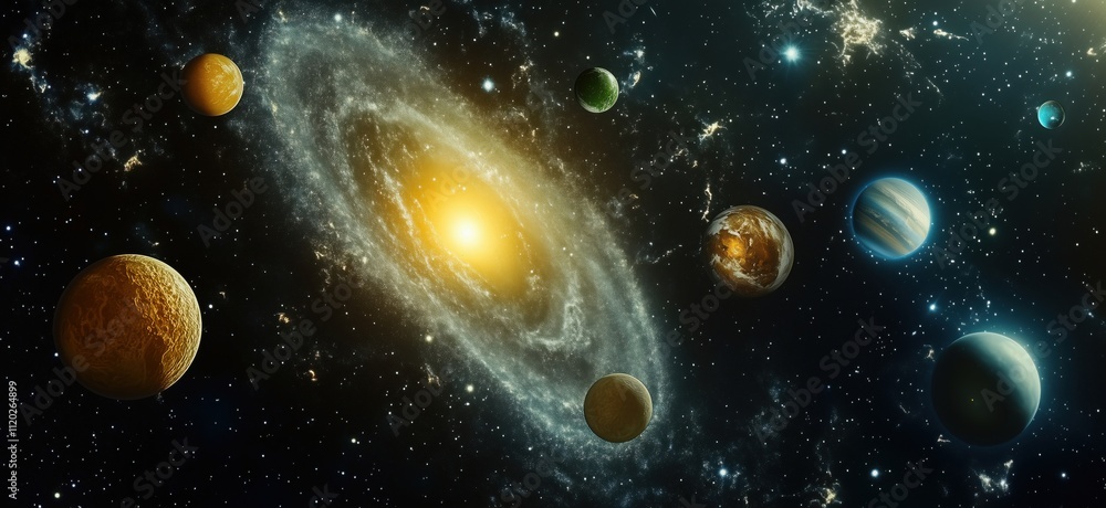 Naklejka premium Colorful planets orbiting bright galaxy, vibrant celestial scene with diverse planets, stars, and cosmic elements, copy space for text