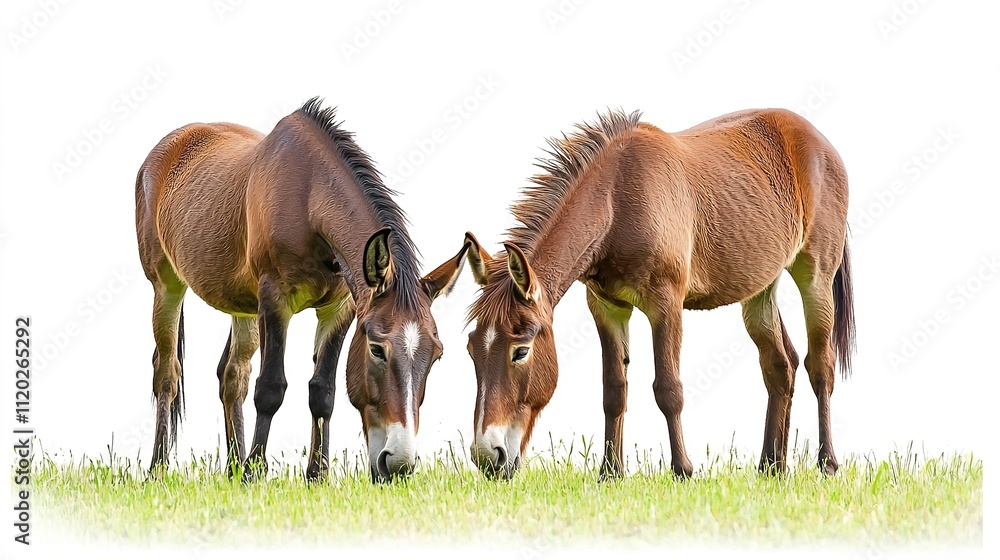 Two brown horses grazing together in a grassy field, showcasing their companionship and serene environment. Two brown horses grazing together in a grassy field, showcasing their companionship and serene environment.