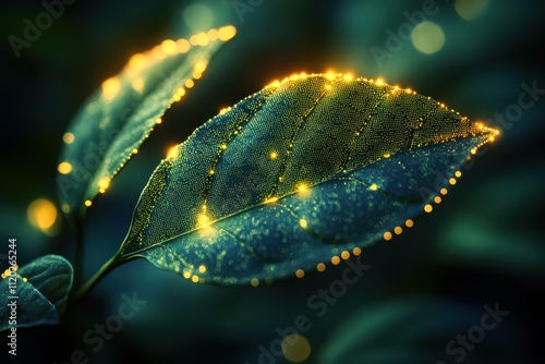 Organic leaf shapes combined with pixelated digital overlays, blending nature and technology photo