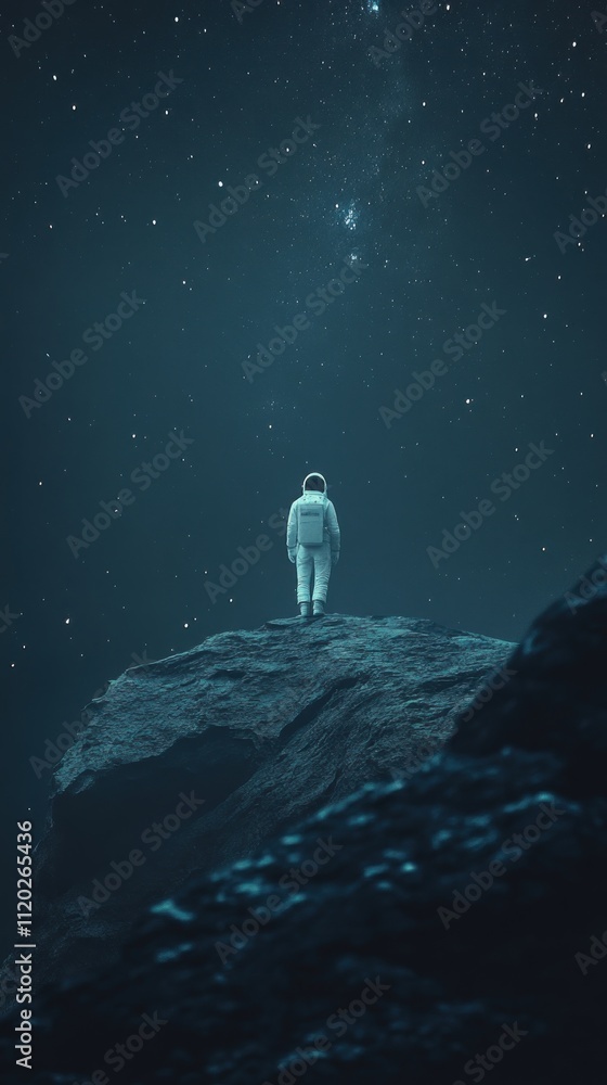 Astronaut standing on a rocky peak under a starry night sky Astronaut standing on a rocky peak under a starry night sky