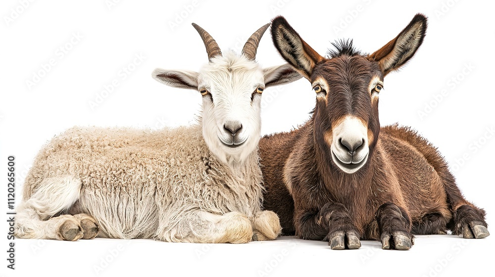 A friendly goat and donkey lie beside each other, showcasing their playful bond and gentle nature. A friendly goat and donkey lie beside each other, showcasing their playful bond and gentle nature.