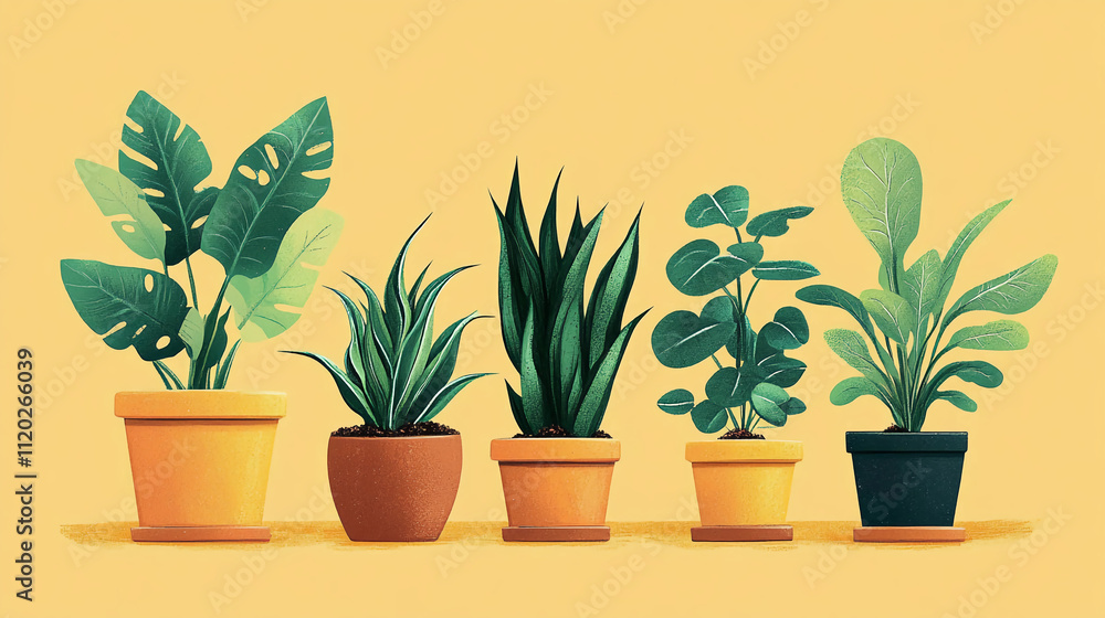 Illustration of houseplants in decorative pots Illustration of houseplants in decorative pots