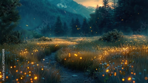 Magical fireflies illuminate a serene mountain meadow path at dusk.