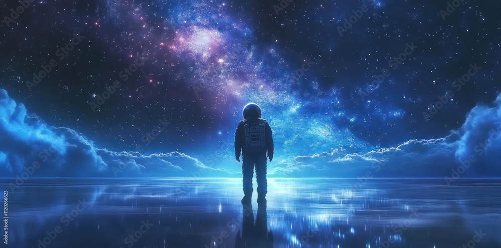 Astronaut gazing at a cosmic nebula over a reflective surface Astronaut gazing at a cosmic nebula over a reflective surface